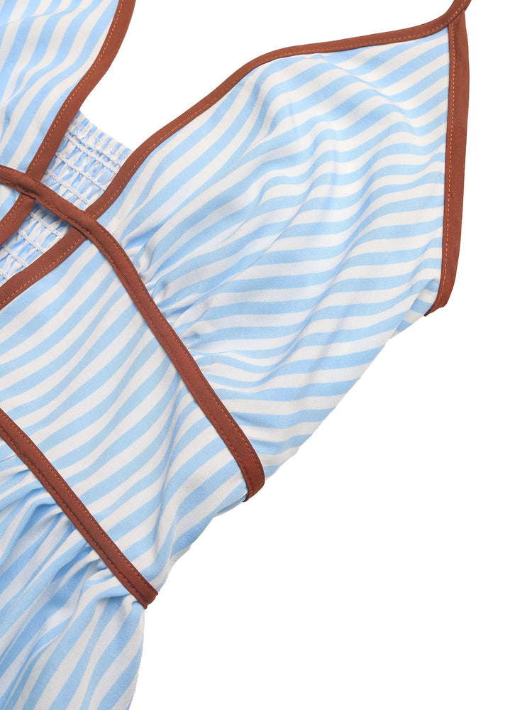Hilary Striped Contrast Halter Maxi Dress in Light Blue/Brown
