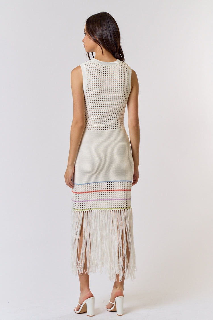 Solana Crochet Fringe Midi Dress in Cream/Multi