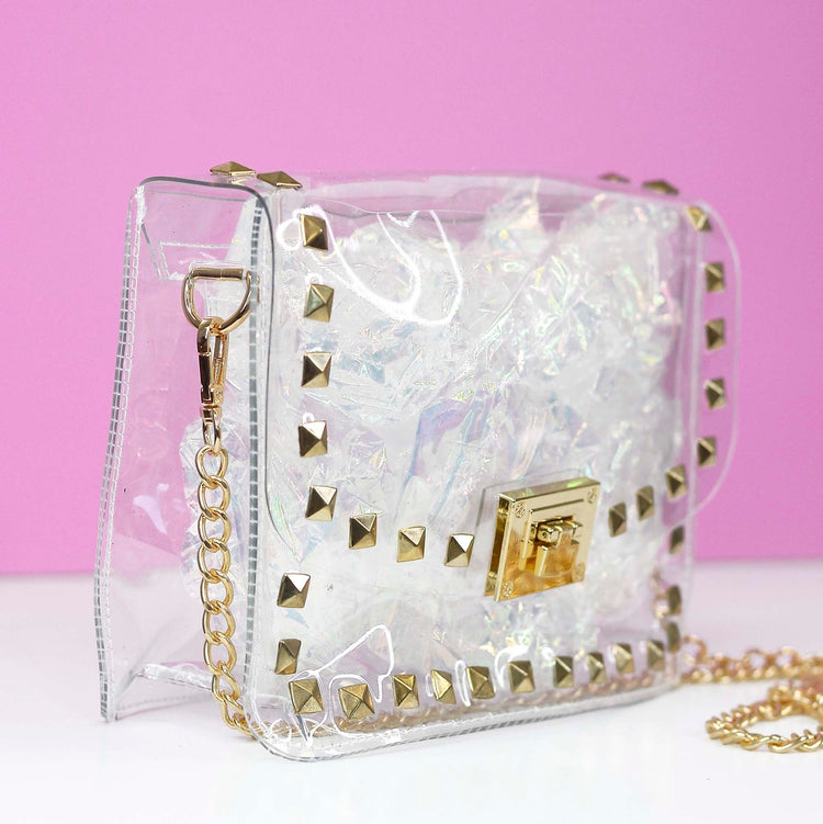 Studded Clear Stadium Bag in Gold