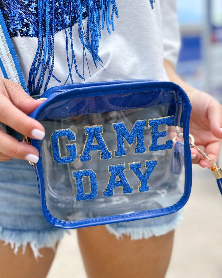 Game Day Chenille Patch Clear Stadium Bag in Blue/White