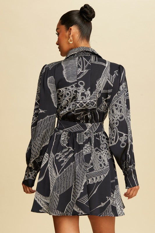 Keeneland Chain Satin Dress in Dark Navy/White