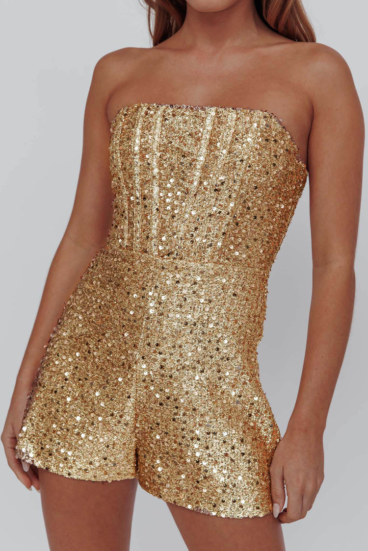 Zennie Sequin Strapless Romper in Gold