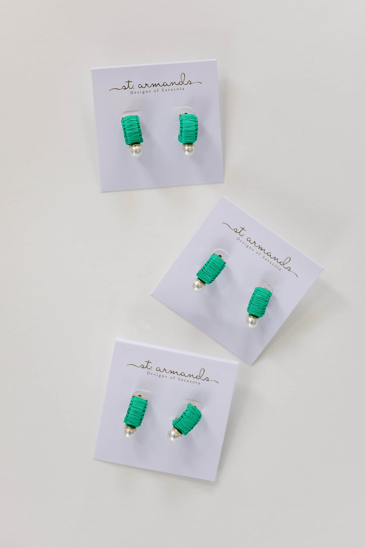 Mini Green Pearl Raffia Huggies | St. Armands Designs
