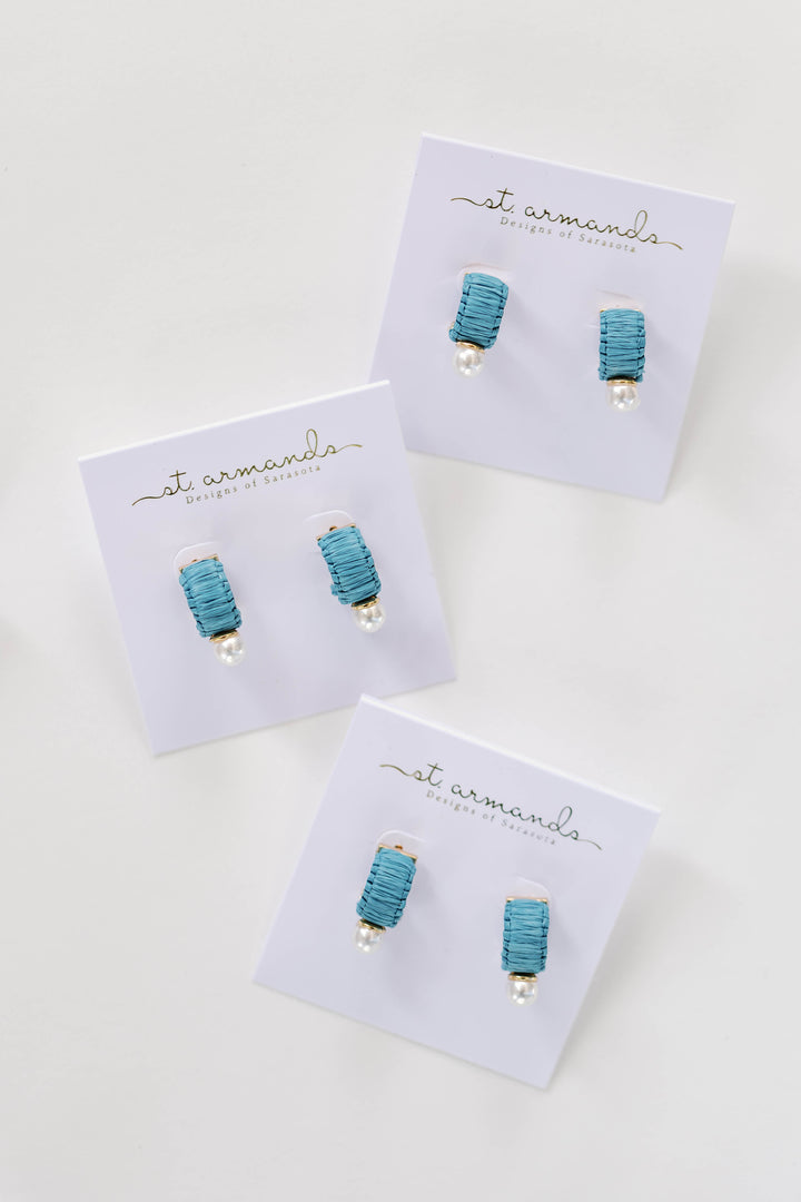 Mini Blue Pearl Raffia Huggies | St. Armands Designs
