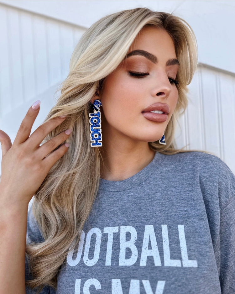 Blue “Touch Down” Glitter Earrings