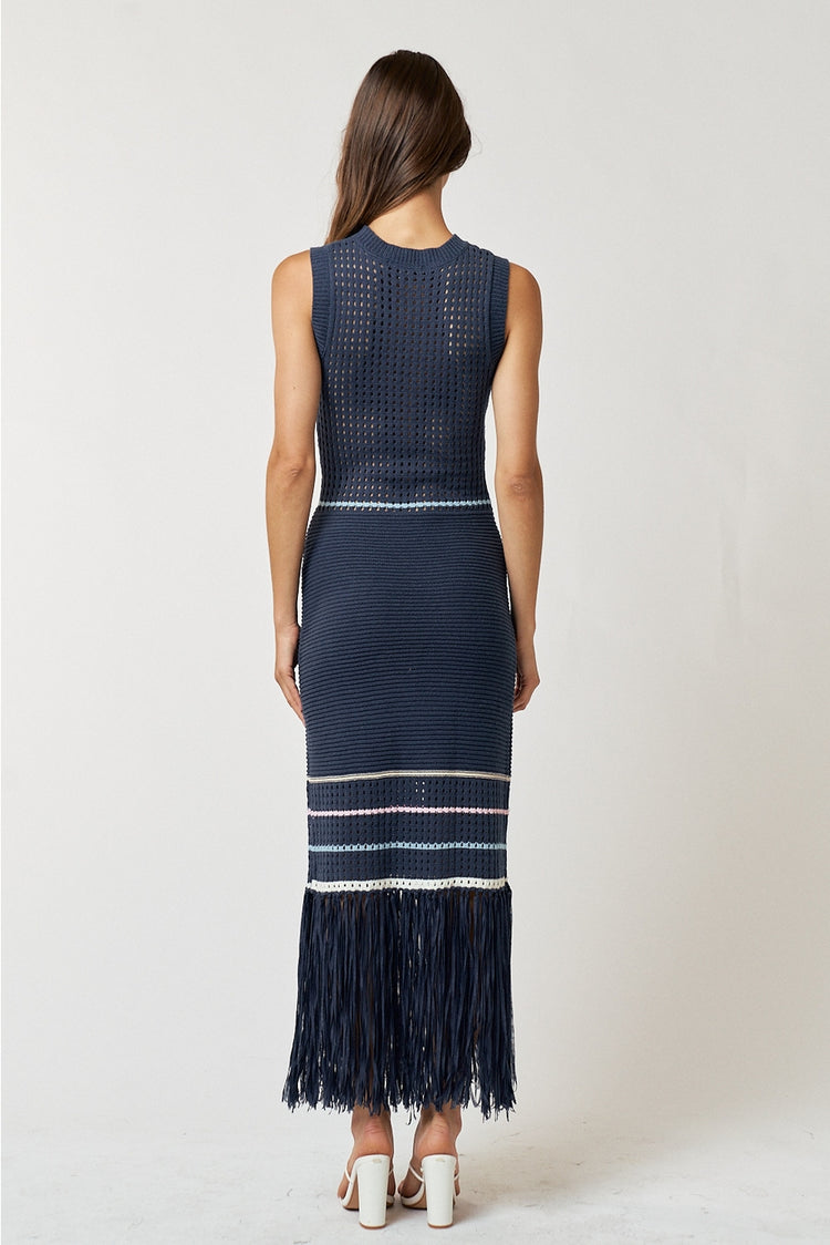 Solana Crochet Fringe Midi Dress in Navy/Multi