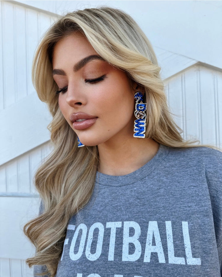 Blue “Touch Down” Glitter Earrings