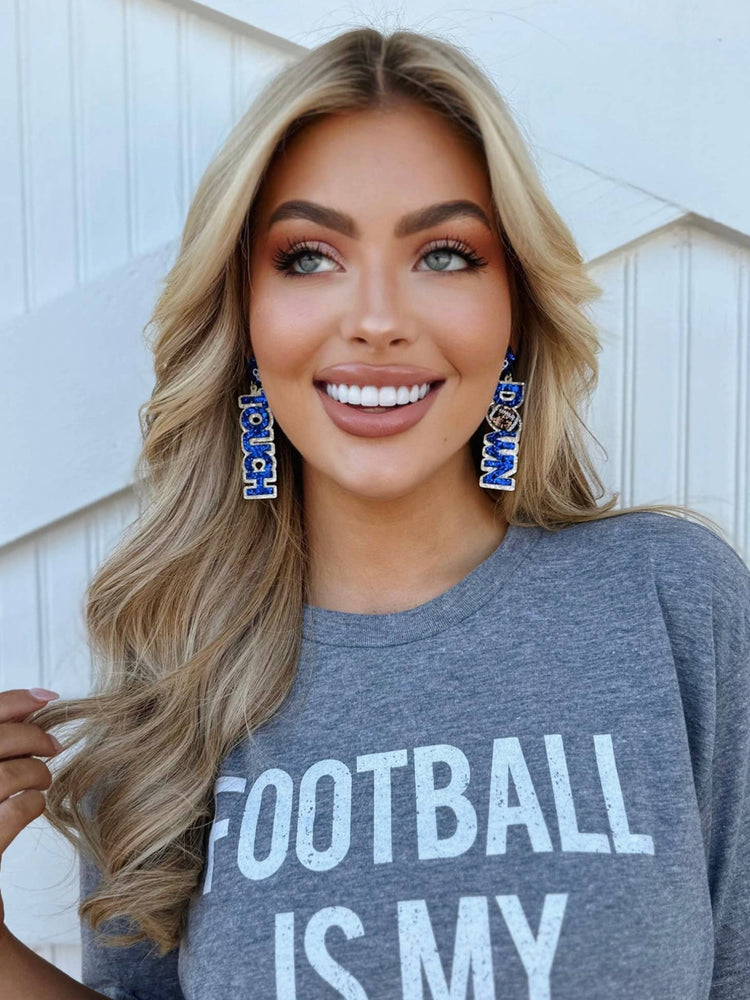Blue “Touch Down” Glitter Earrings