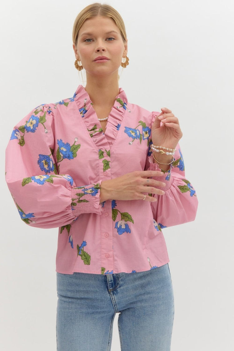 Edie Floral Top in Pink/Blue