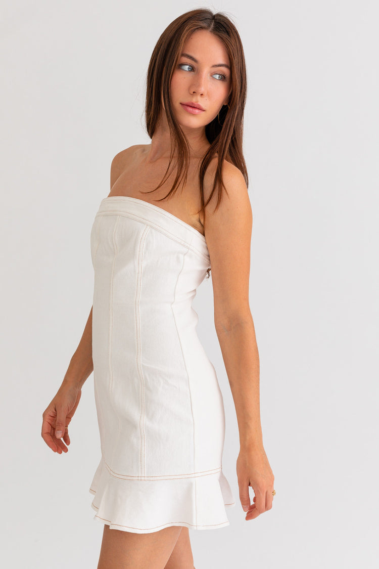 Ryann Strapless Ruffle Denim Dress in White