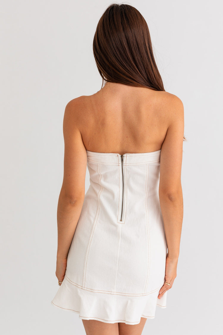 Ryann Strapless Ruffle Denim Dress in White