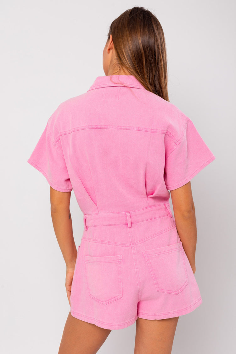 Dolly Pocketed Denim Romper in Pink