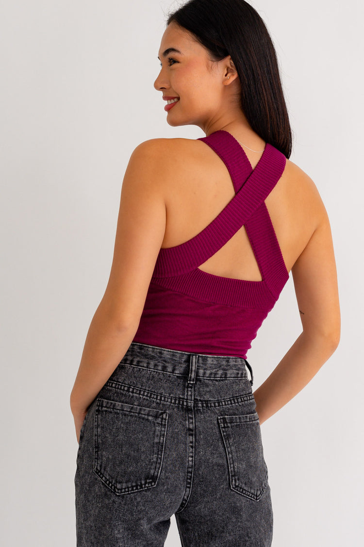 Otis Halter Sweater Bodysuit in Burgundy