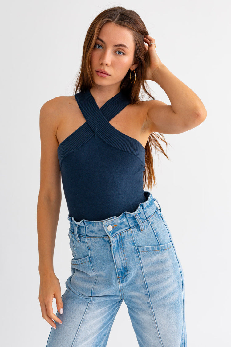 Otis Halter Sweater Bodysuit in Navy
