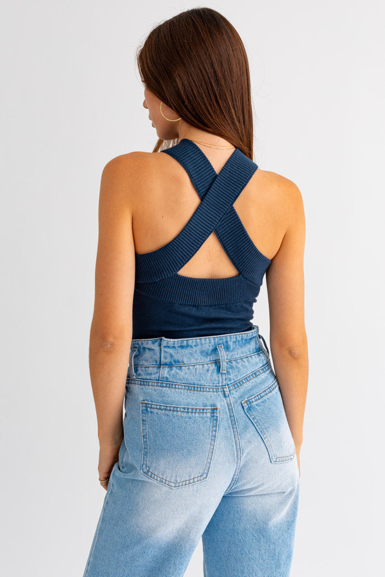 Otis Halter Sweater Bodysuit in Navy