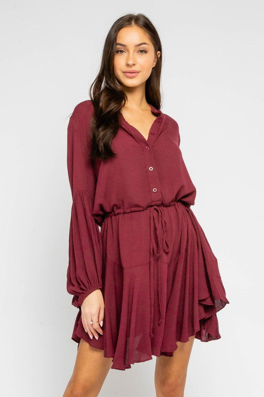 Milly Adjustable Balloon Sleeve Dress in Burgundy