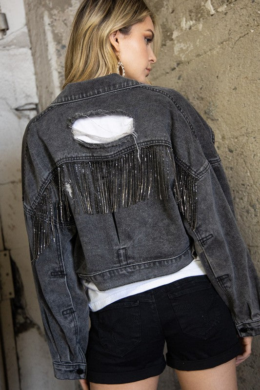 Rowe Rhinestone Fringe Denim Jacket in Charcoal