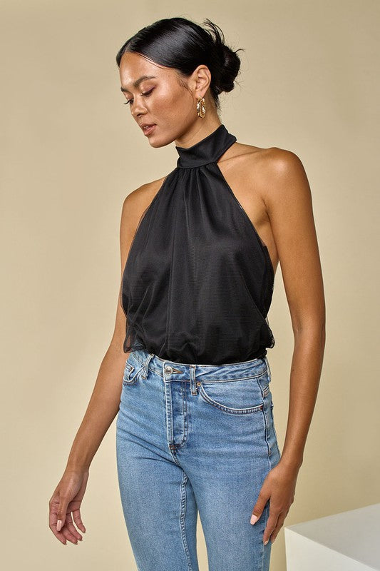 Jia Tulle Halter Bodysuit in Black