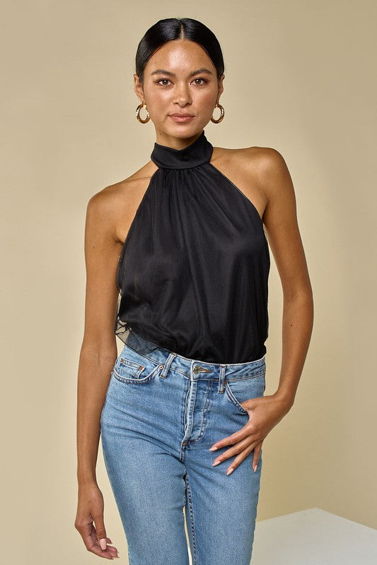 Jia Tulle Halter Bodysuit in Black