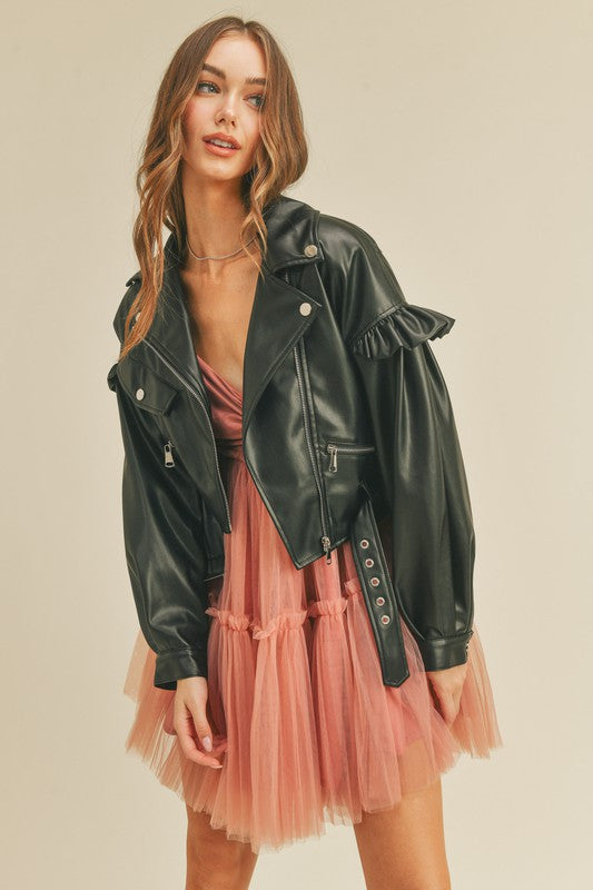 Colette Faux Leather Ruffle Jacket