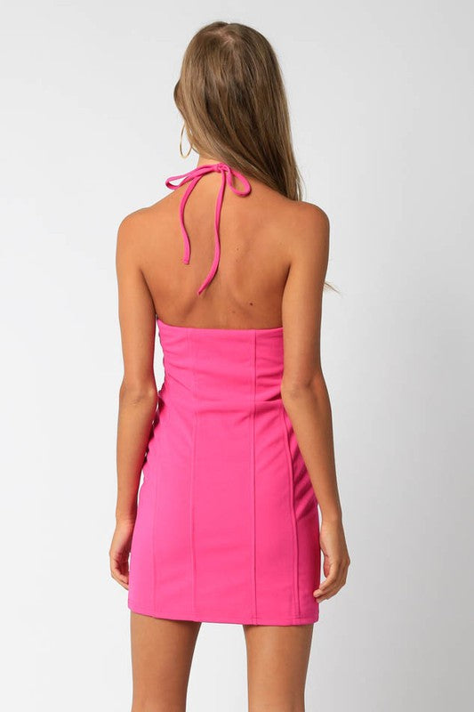Everston Cut Out Halter Dress in Fuchsia