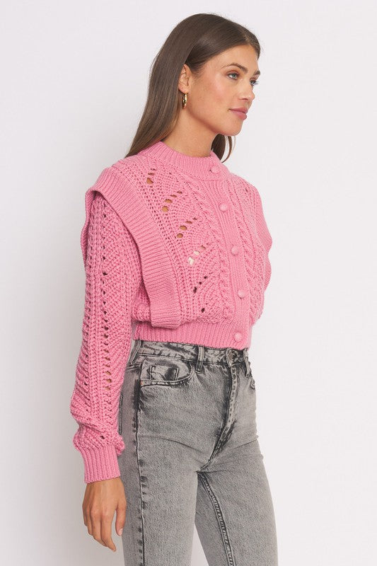 Genevieve Ruffle Knit Cardigan Sweater in Pink