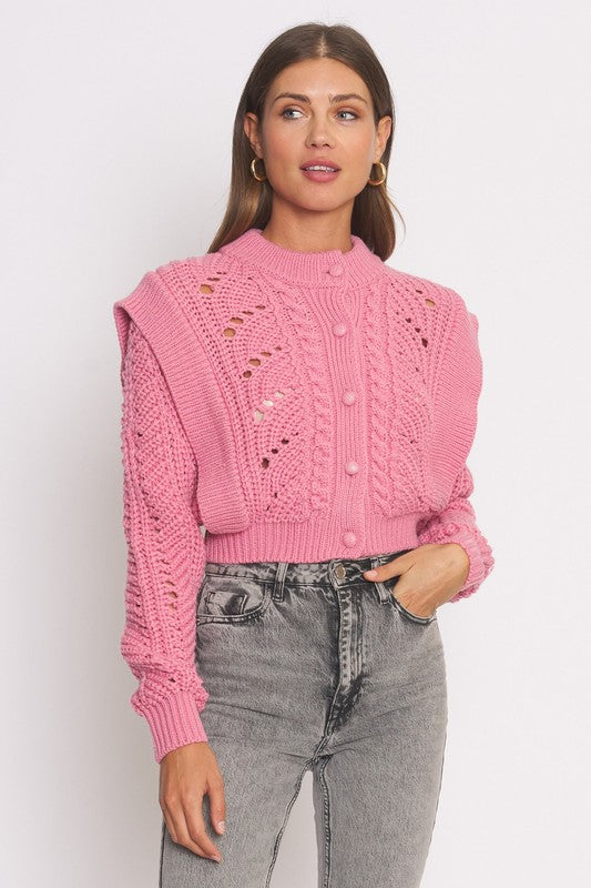 Genevieve Ruffle Knit Cardigan Sweater in Pink