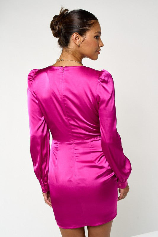 Carmine Satin Long Sleeve Dress in Fuchsia