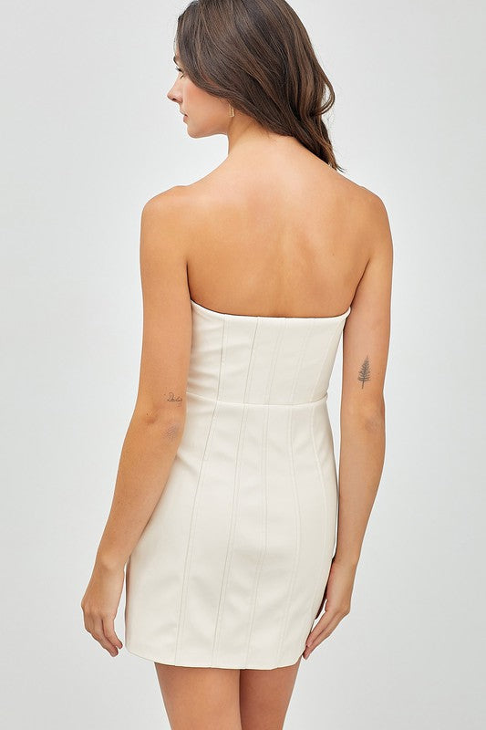 Frances Faux Leather Strapless Dress in Bone