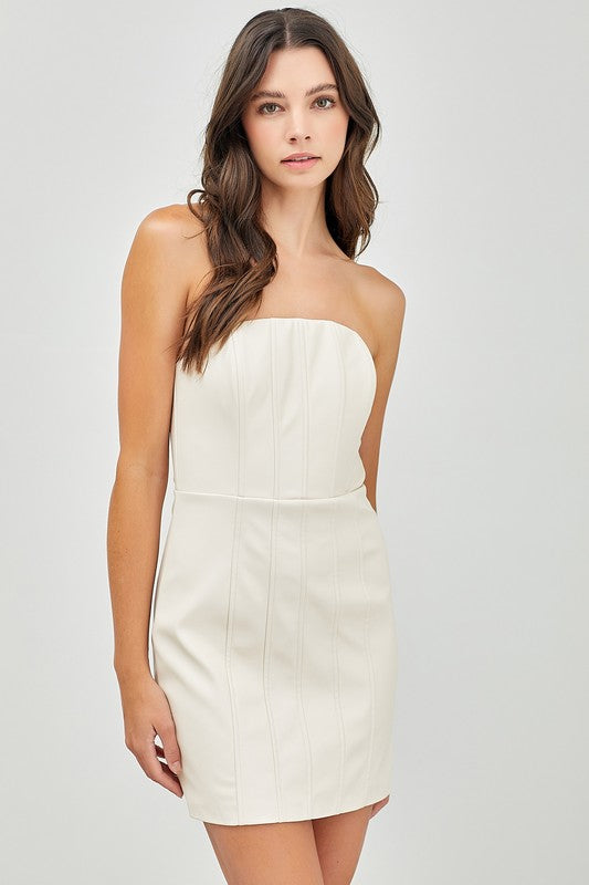 Frances Faux Leather Strapless Dress in Bone