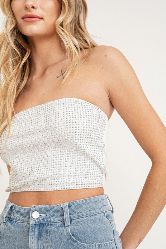 Astrid Rhinestone Tube Top in White/Silver