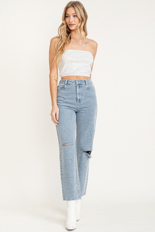 Astrid Rhinestone Tube Top in White/Silver