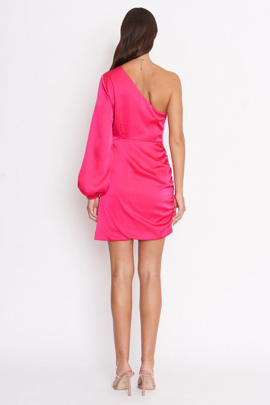 Cameran One Shoulder Satin Dress in Hot Pink