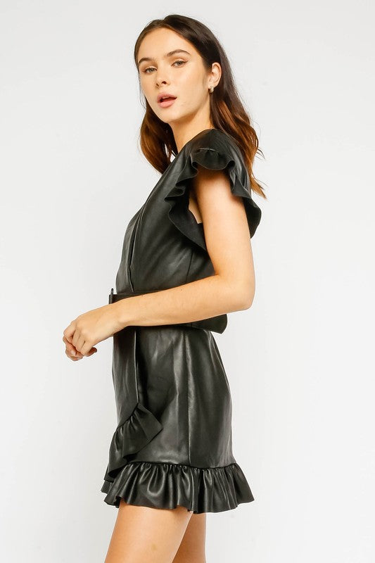 Claudette Faux Leather Belted Ruffle Dress