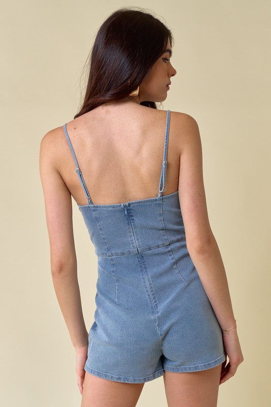 Susie Pleated Denim Romper in Blue