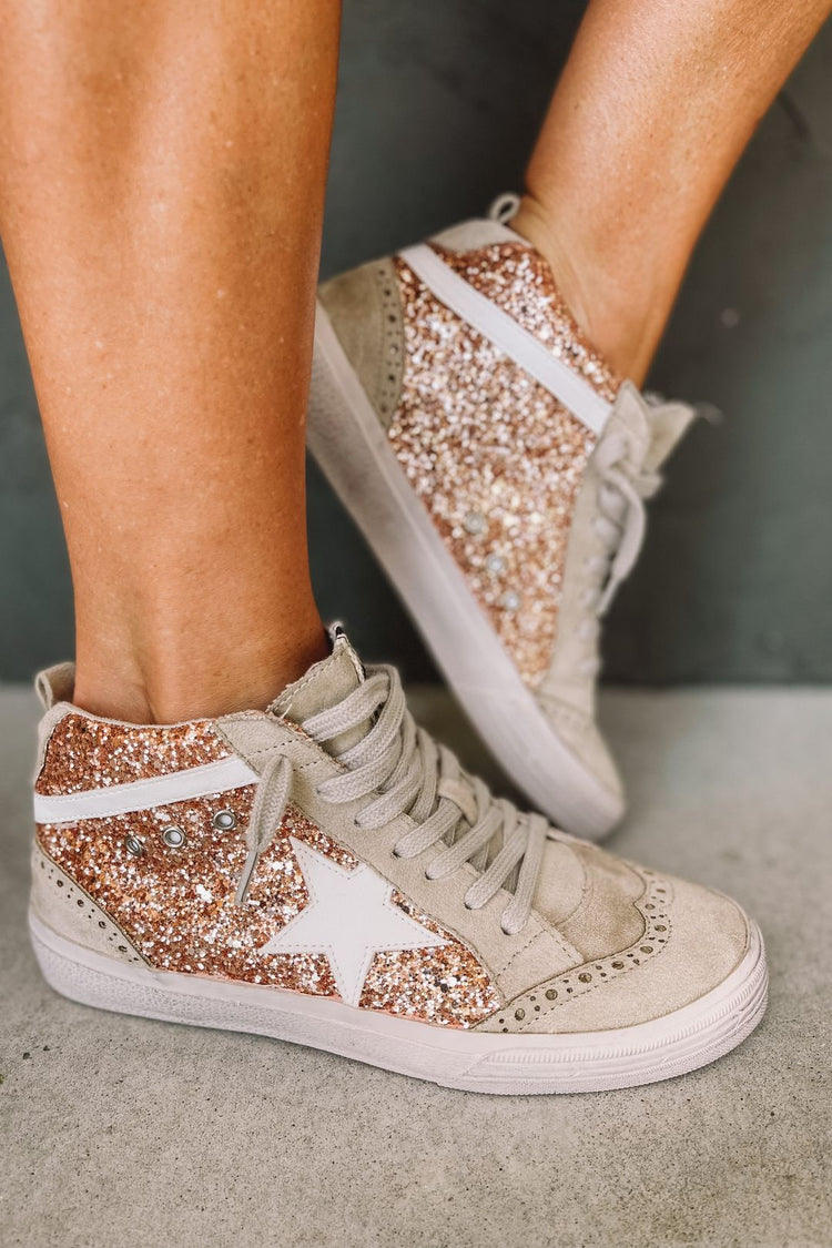 Rushie Rose Gold Glitter Mid Rise Star Sneakers