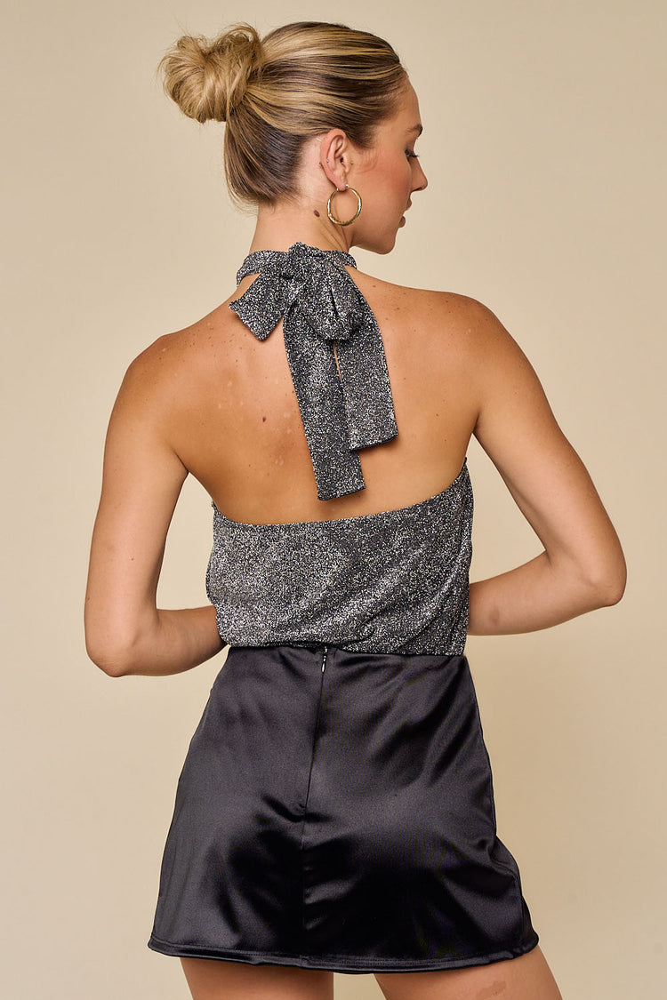 Tori Front Twist Halter Sparkle Bodysuit