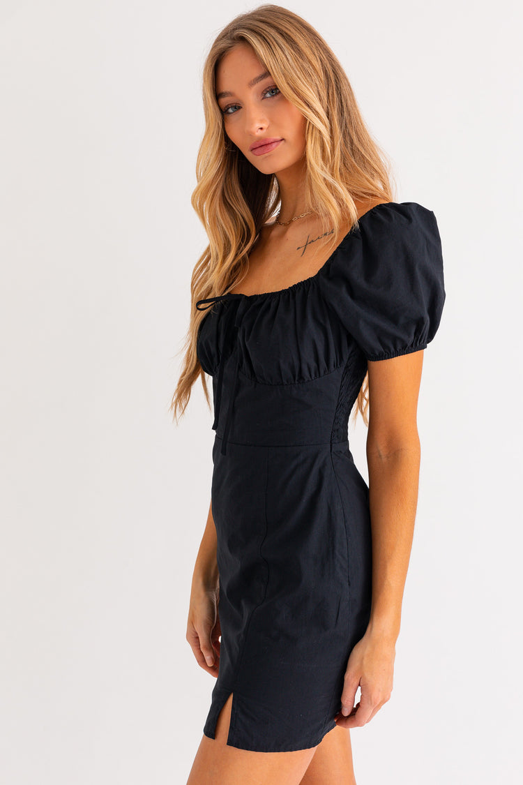Logan Cotton Tie Mini Dress in Black