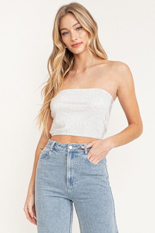Astrid Rhinestone Tube Top in White/Silver