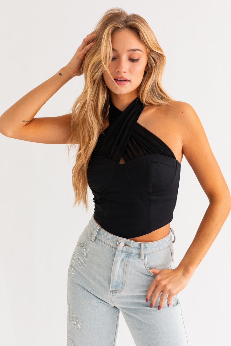 Elowyn Halter Corset Tulle Top in Black