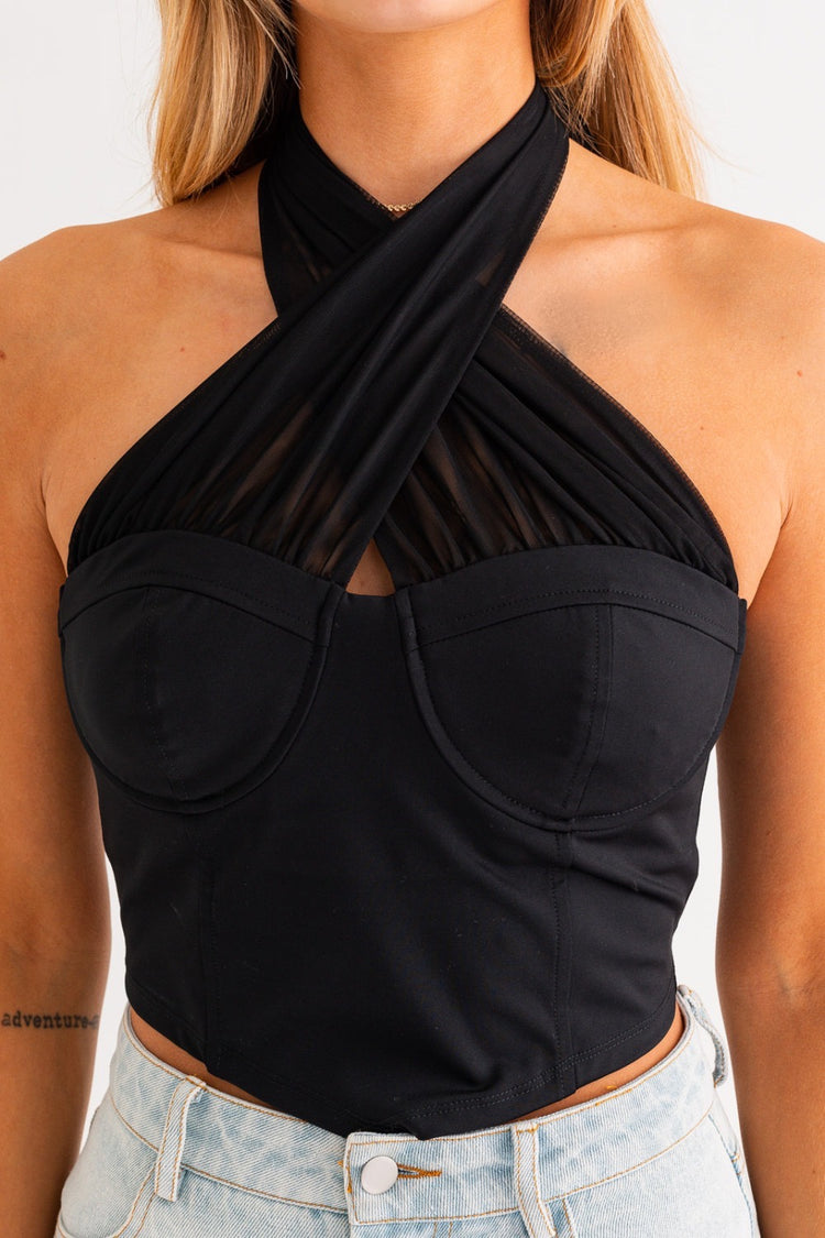 Elowyn Halter Corset Tulle Top in Black