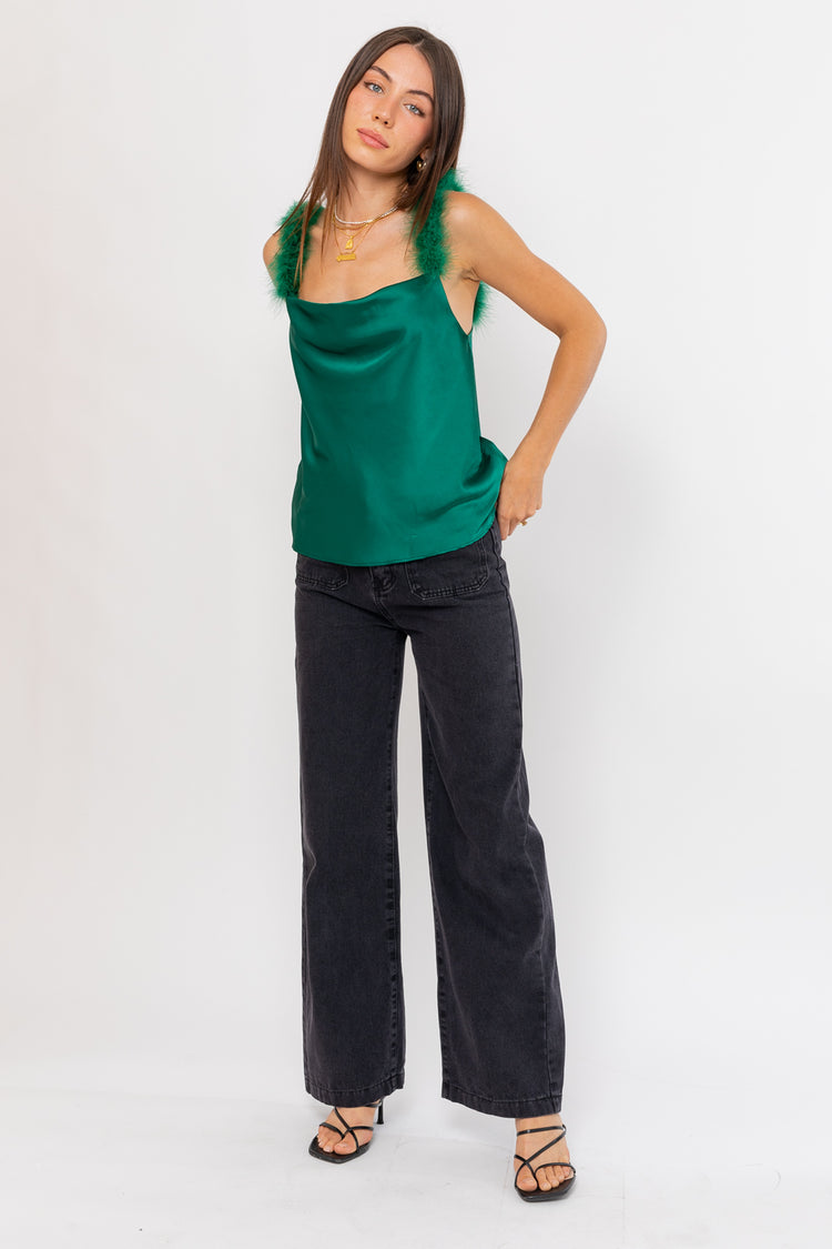 Giselle Fur Trim Cowl Neck Top in Hunter Green
