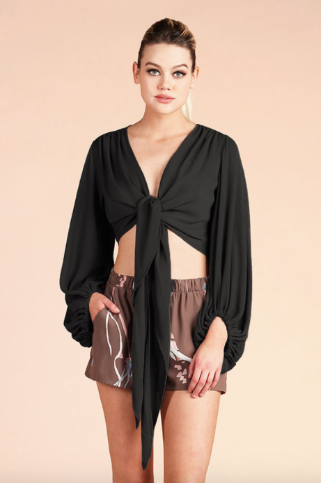 Brandy Balloon Sleeve Wrap Top in Black