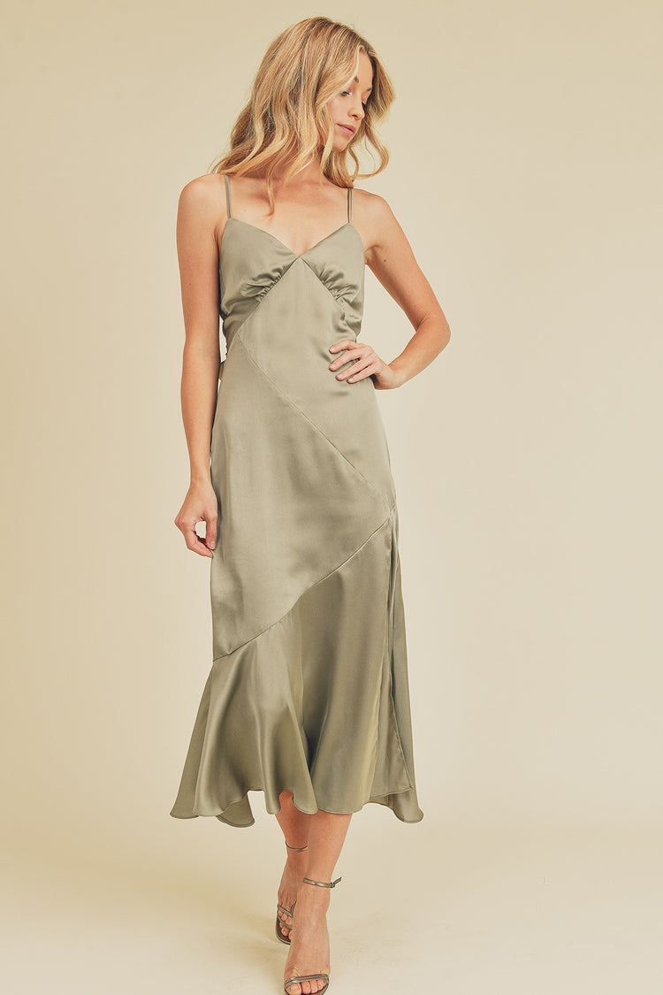 Mia Satin Tie Back Slit Midi Dress in Dusty Sage