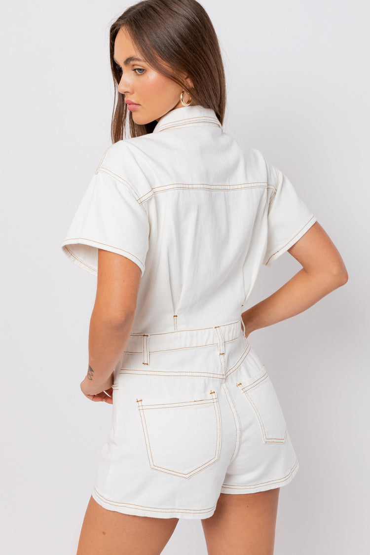 Kendall Pocketed Denim Romper in White