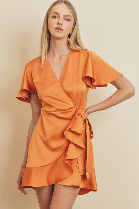 Porter Ruffle Satin Wrap Dress in Orange