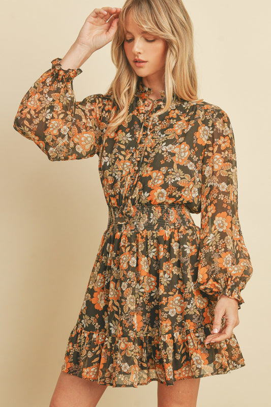Quinn Cinched Floral Dress in Olive/Orange
