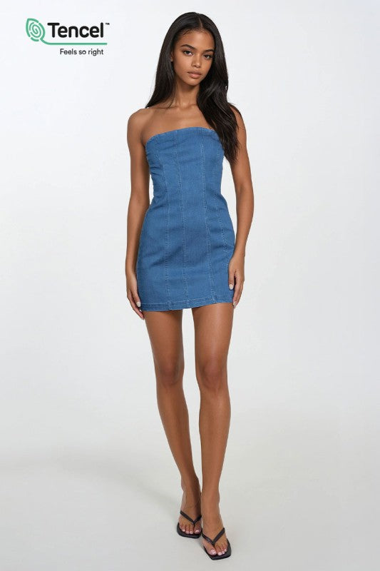 Rolend Strapless Denim Dress in Medium Blue