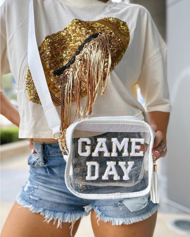 Game Day Chenille Patch Clear Stadium Bag in White/Gold