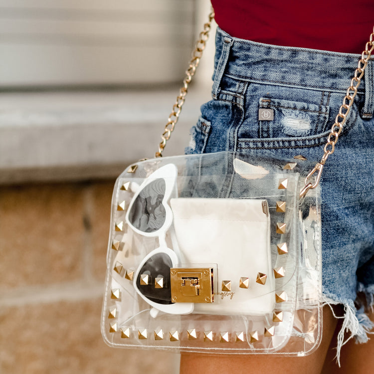 Studded Clear Stadium Bag in Gold